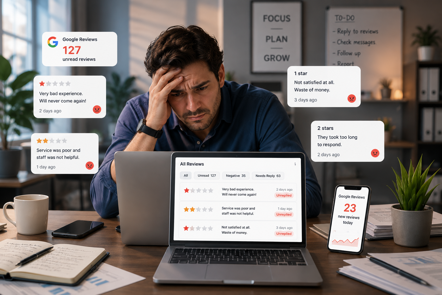 Stressed business owner managing many unanswered customer reviews