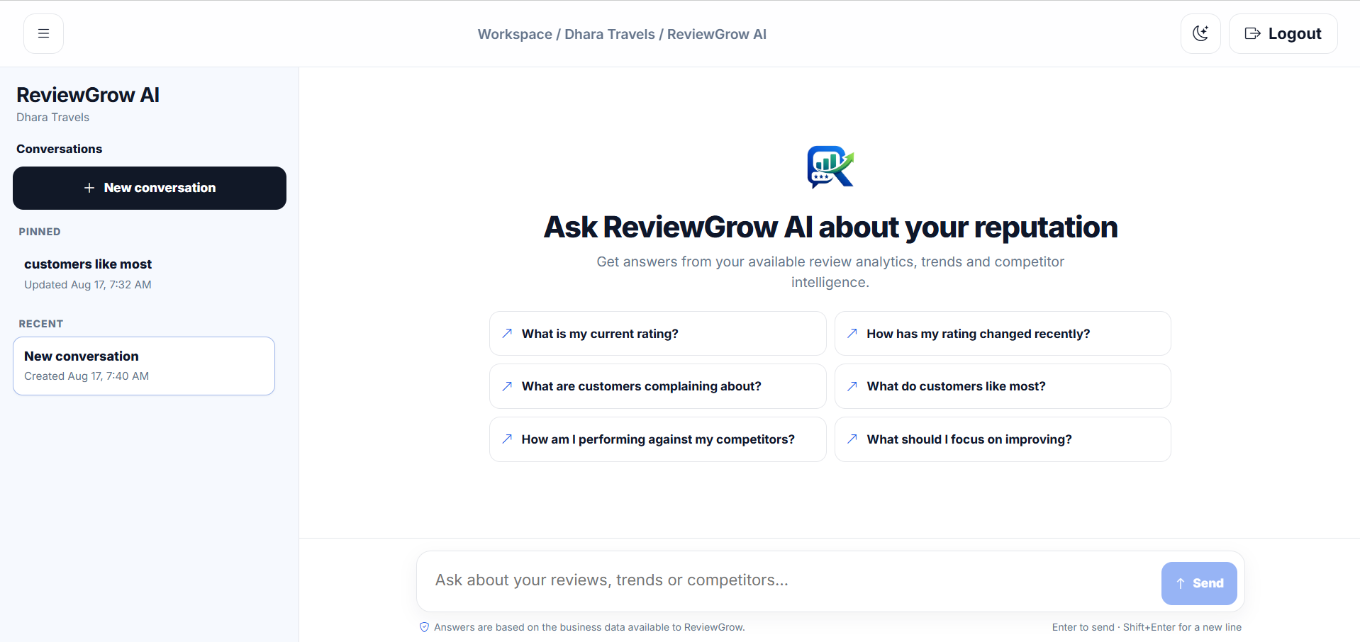 ReviewGrow AI workspace showing conversation history and suggested reputation-analysis questions
